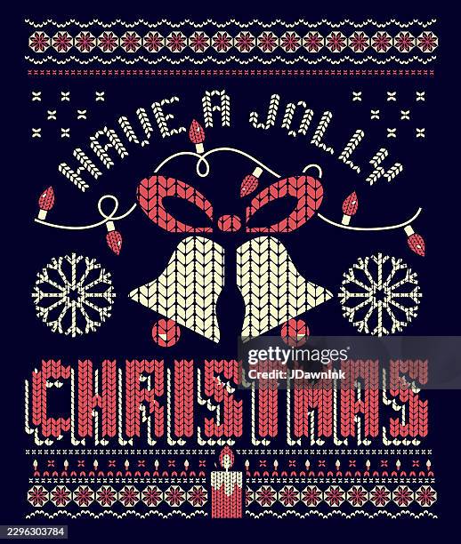have a jolly christmas knitted sweater greeting design hand lettered text with jingle bells on dark blue background - sweater texture stock illustrations