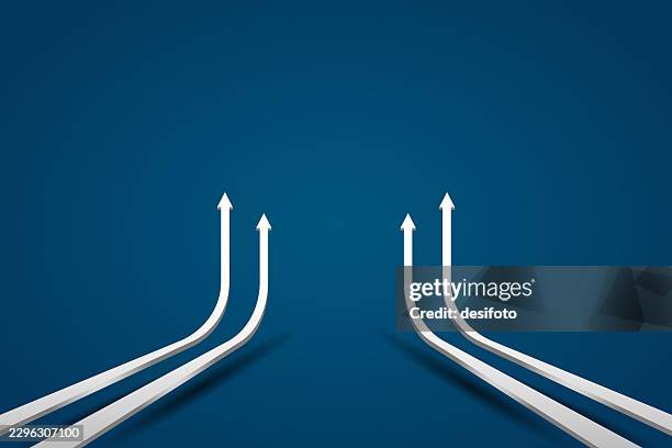 four upward silver white colored shiny three dimensional 3d taking off up arrows ascending order for increasing profits, business growth, sales, progress, development over blank horizontal vector blue background with 4 bent curves for support cooperation - 4 direction arrow stock illustrations