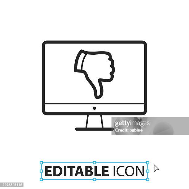 desktop computer with thumbs down - line editable icon on white background - technical difficulties tv stock illustrations