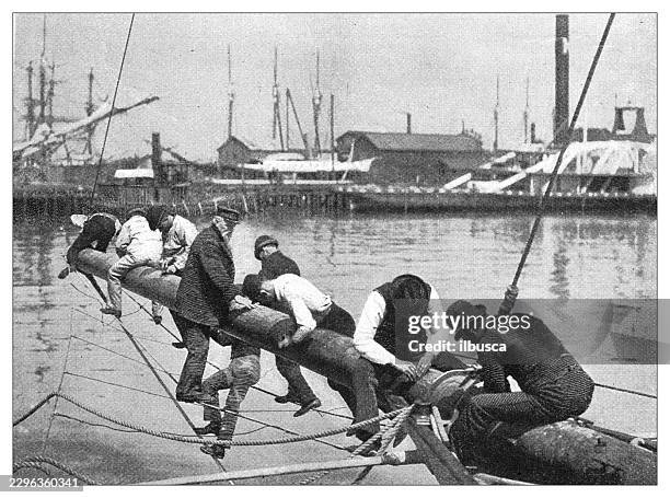 skipper hank haff and crew rigging the defender's bowspit - sporting event crowd stock illustrations