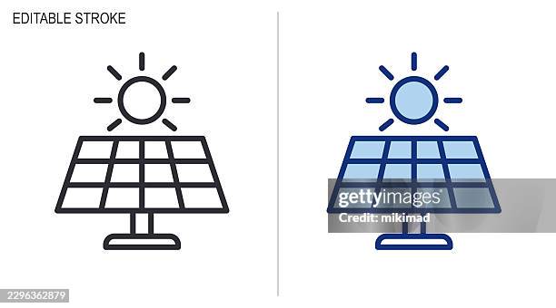 solar panel icon set – editable stroke vector showing sun and solar panel representing renewable energy, sustainability and green technology concepts. vector illustration. eps10 - sun icon stock illustrations