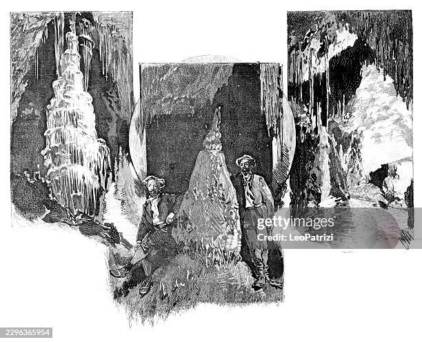two men exploring a cavernous underground landscape with waterfalls - stalagmite stock illustrations