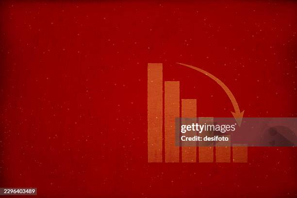 orange color declining solid bar graph chart with falling curved downward trending arrow painted over scratched rough blank vibrant dark red maroon vector background with copy space for loss, failed business strategy, failure, recession stock market crash - paint colliding stock illustrations