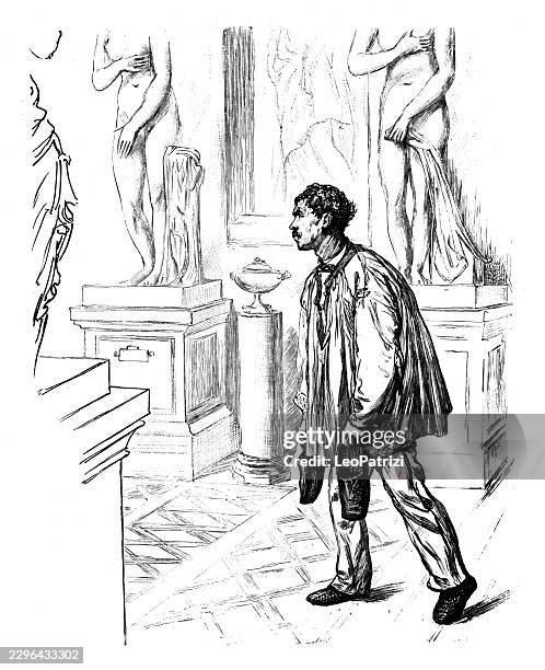 man walking through museum gallery past classical statues - museum pedestal stock illustrations