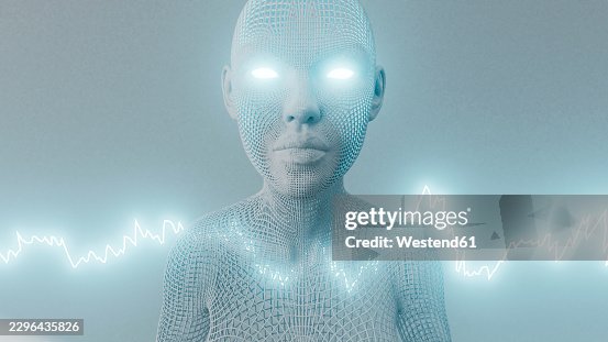 3D humanoid representing artificial intelligence and market data 3D humanoid representing artificial intelligence and market data