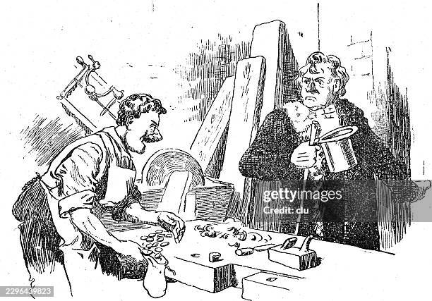 carpenter receiving payment from his customer — the craftsman stands at his workbench counting the coins he has been paid while the elegantly dressed customer in a top hat looks on - work bench stock illustrations