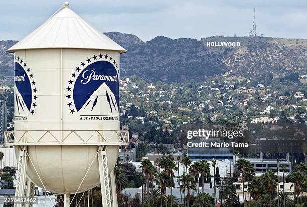 An aerial view of the Paramount logo displayed on the water tower at Paramount Studios on September 21, 2026 in Los Angeles, California. A state-led...