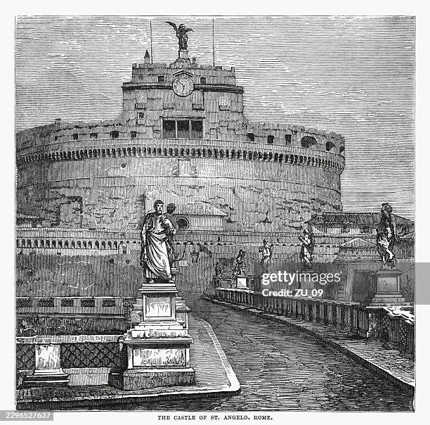 castel sant'angelo, rome, italy, wood engraving, published 1899 - roman fortress stock illustrations