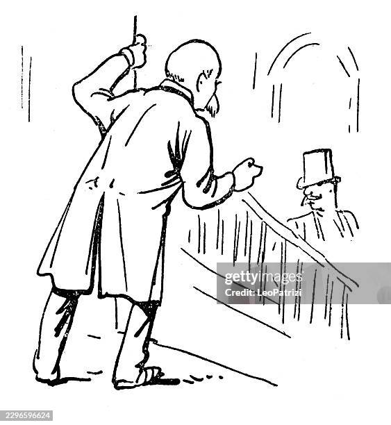 elderly man peering over a staircase railing toward a man in a top hat - post uk stock illustrations
