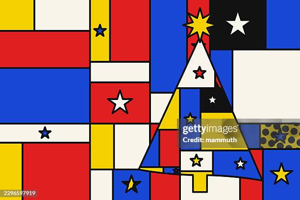pop art christmas tree, geometric composition, primary colors, festive stars - crispy stock illustrations
