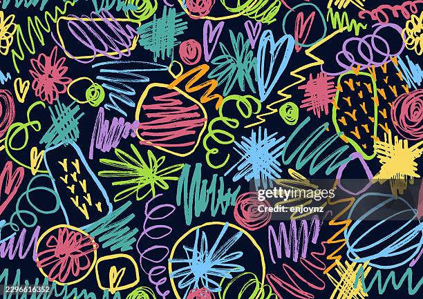 seamless colorful messy hand drawn doodle scribble shapes wallpaper background - crayon background stock illustrations