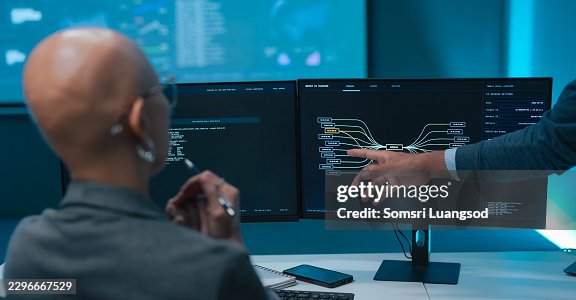 IT professionals pointing at computer screen during network data discussion IT professionals pointing at computer screen during network data discussion