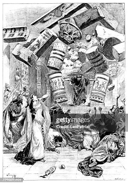 samson destroying the philistine temple columns while dalila and the crowd panic in terror - great performance stock illustrations
