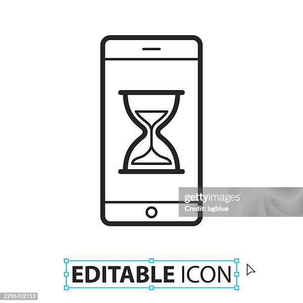 smartphone with hourglass - line editable icon on white background - checking time with phone stock illustrations