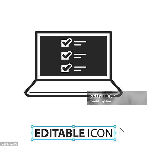 laptop with checklist - editable icon on white background - looking over computer screen stock illustrations