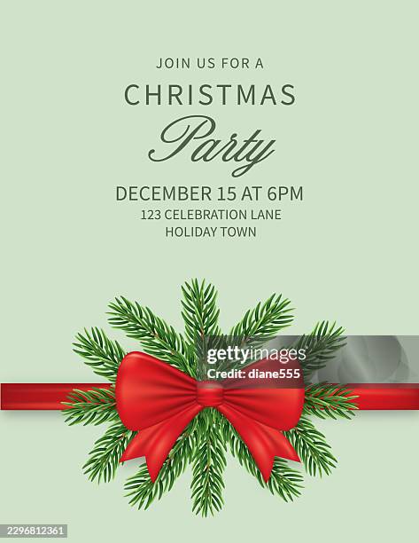 christmas party invitation with tied red bow - party table background stock illustrations