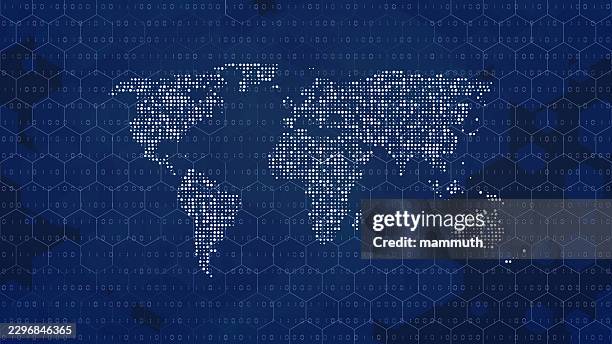 digital world map, glowing dots, global network, binary data grid - digitalization background stock illustrations