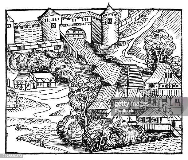ulman stromer's paper mill in nuremberg — early german paper mill with water-powered machinery, mill dam and timber-framed buildings in a wooded valley - paper mill stock illustrations