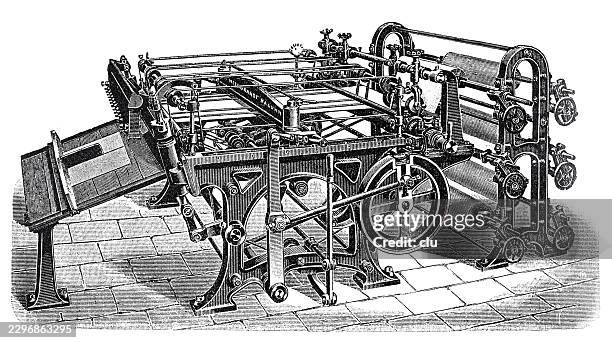 longitudinal and cross-cutting machine for paper — complex cutting machine with rollers, knives, feed system and mechanical drive for slitting paper webs lengthwise and cutting them crosswise into individual sheets - paper industry stock illustrations