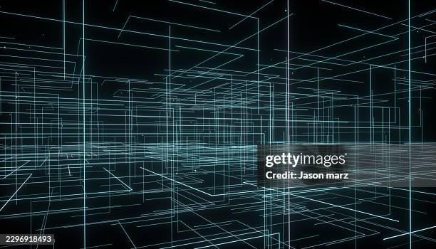 3d wireframe digital network grid on dark background - science technology engineering art math stock pictures, royalty-free photos & images