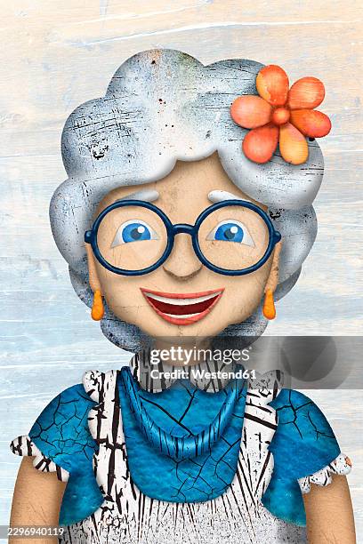 digital collage illustrates a happy old lady with a flower - asian faces collage stock illustrations