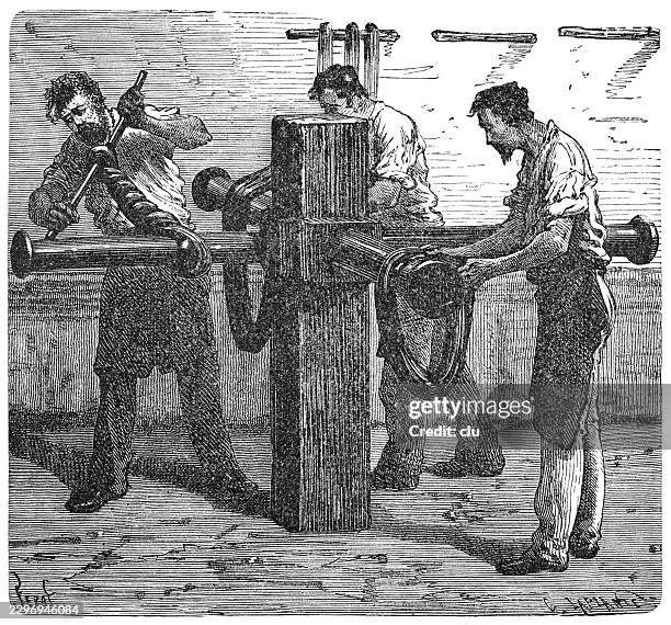 stretching silk by hand — three male workers pulling and tensioning silk threads on a large reeling apparatus inside a silk workshop - factory worker white background stock illustrations