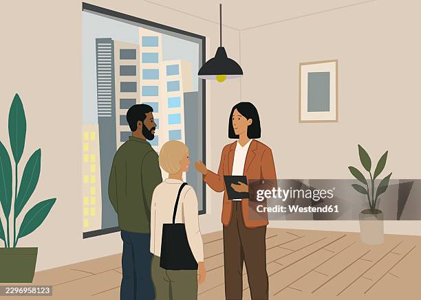 real estate agent discusses property with client in modern office interior - real estate agent outside stock illustrations