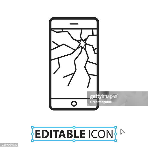 smartphone with broken screen - line editable icon on white background - phone not working stock illustrations