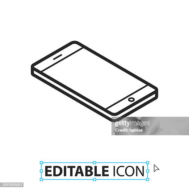 isometric smartphone - flat position - line editable icon on white background - computer blank screen stock illustrations