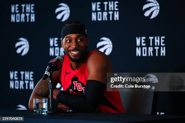 The Raptors Kawhi Leonard of the Toronto Raptors speaks to media during the... News ...