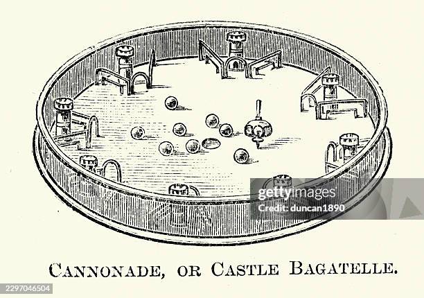 history, games, cannonade (castle bagatelle) is a circular victorian parlour game, to scatter balls dynamically into miniature fortresses vintage illustration 19th century - marble table stock illustrations