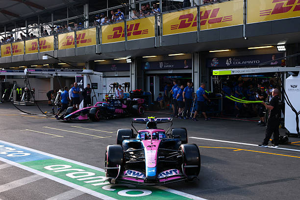 Franco Colapinto of Argentina driving the Alpine F1 A526 Mercedes and Pierre Gasly of France driving the Alpine F1 A526 Mercedes leave the garage...
