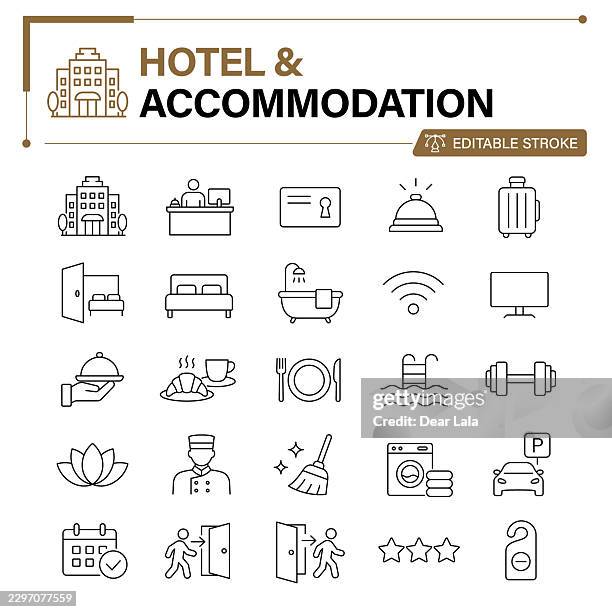 hotel & accommodation editable stroke line icon set – reception, room service, amenities, spa and guest services - room service breakfast stock illustrations