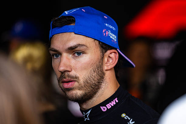 Pierre Gasly of France and Alpine F1 Team answers questions in the TV media pen during qualifying ahead of the F1 Grand Prix of Azerbaijan at Baku...
