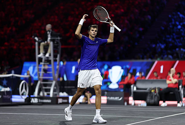 Rafael Jodar of Team Europe reacts against Alexander Bublik of Team World during the Men's Singles match on day one of Laver Cup 2026 at The O2 on...