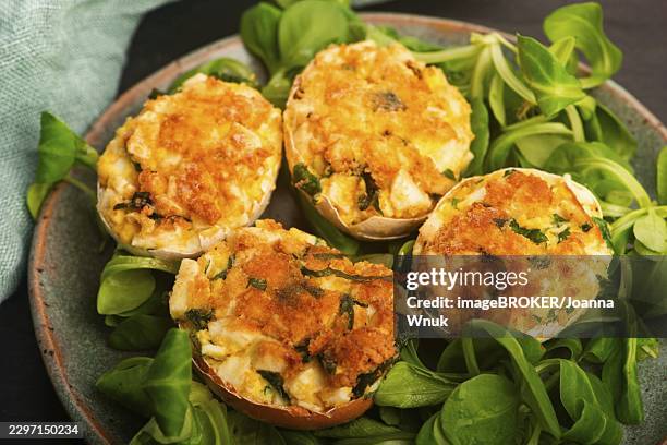 baked deviled eggs in shells with arugula on handmade ceramic plate - deviled eggs stock pictures, royalty-free photos & images