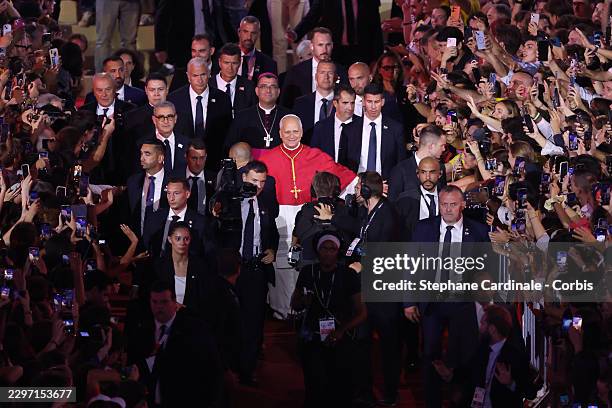 Pope Leo XIV leaves at the end of a prayer vigil with young people at the Stade de France on September 25, 2026 in Paris, France. Pope Leo XIV is...