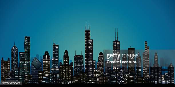 dark chicago skyline in lights silhouette - sears tower vector stock illustrations