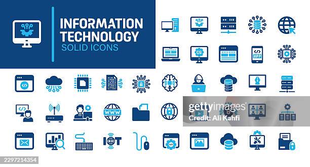 information technology glyph solid icons. containing computer, technology, website, ai solid icons collection. vector illustration. perfect pixel on clean white background - windows operating system stock illustrations