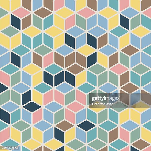 colorful geometric cube pattern with repeating pastel and muted tones, creating a tiled three-dimensional effect across the entire surface. - sage background stock illustrations