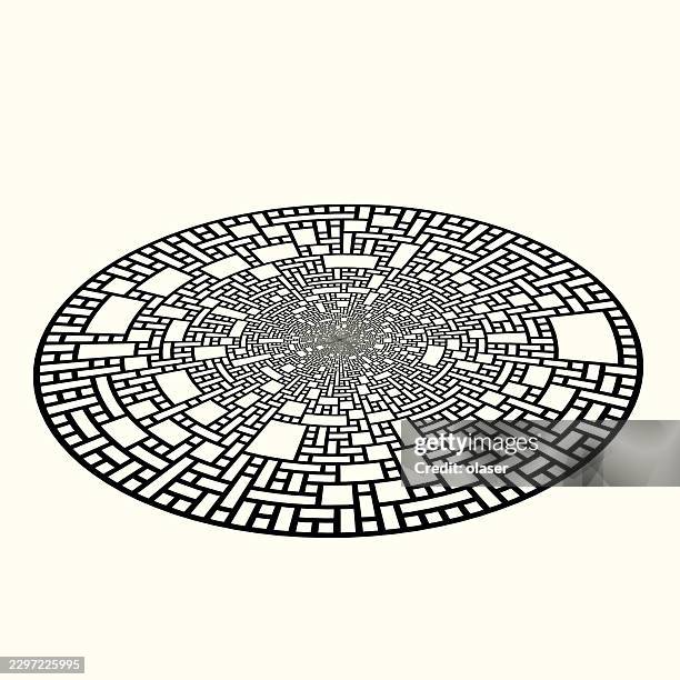 black-and-white geometric oval pattern made of many small rectangular shapes converging toward the center on a light background. - vortex tunnel stock illustrations