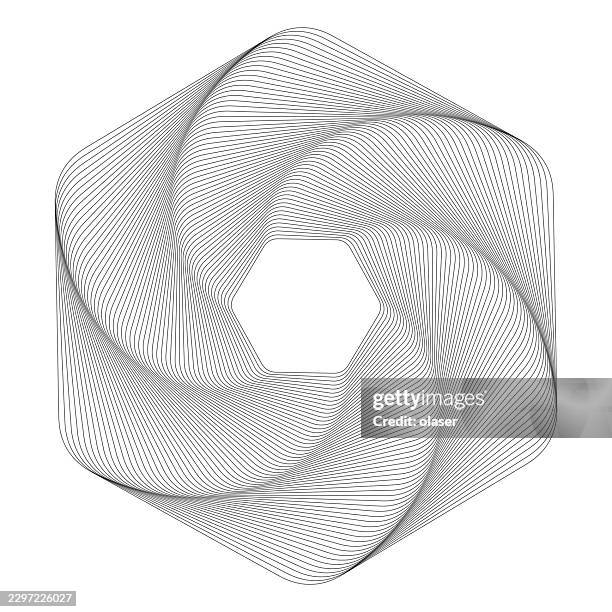 minimal geometric line art forming a swirling hexagonal pattern with fine gray curves around a white center on a clean white background. - fibonacci stock illustrations