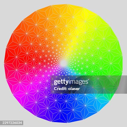 A circular rainbow color wheel with a geometric triangular mesh pattern, transitioning smoothly through red, orange, yellow, green, cyan, blue, and purple on a light gray background. A circular rainbow color wheel with a geometric triangular mesh pattern, transitioning smoothly through red, orange, yellow, green, cyan, blue, and purple on a light gray background.