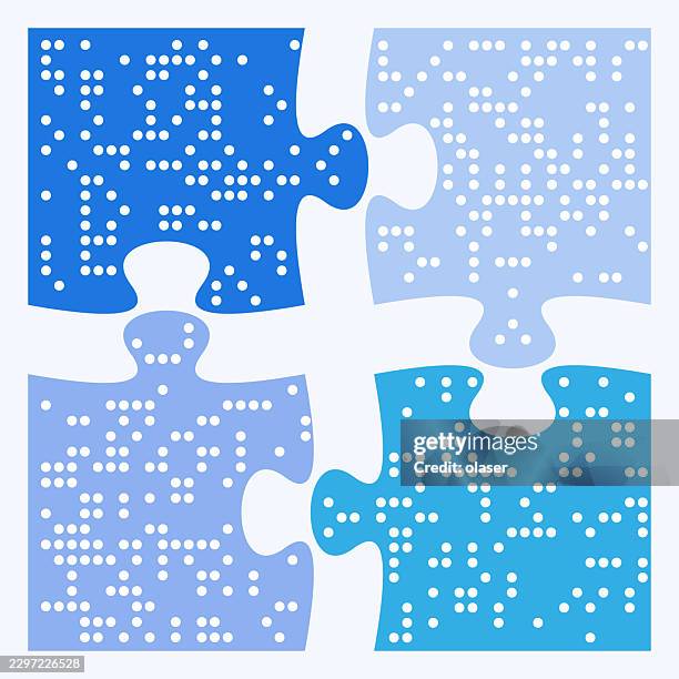 four colorful jigsaw puzzle pieces with white dots interlock on a light background, forming a simple connected arrangement in blue and light blue tones. - green screen background stock illustrations