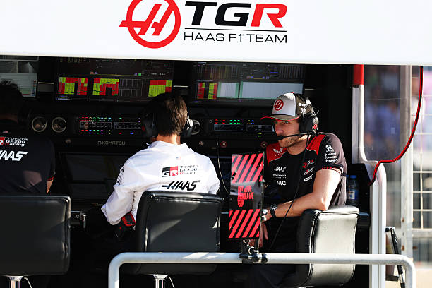 Jack Doohan of Australia and Haas F1 and Ayao Komatsu, Team Principal of Haas F1 on the pit wall during the F1 Grand Prix of Azerbaijan at Baku City...
