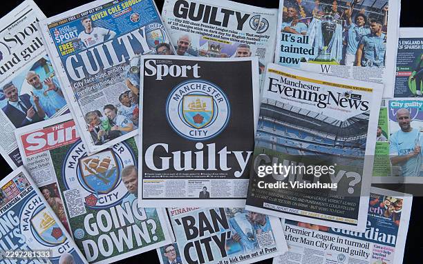 The British newspaper headlines after Manchester City found guilty of breaches of Premier League financial rules on September 26, 2026 in Manchester,...