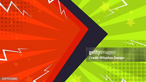comic book pop art superhero battle vector background, retro fighting versus scene with lightning, halftone pattern, and speech bubble frame template for comic competition web banner, poster - challenger explosion stock illustrations