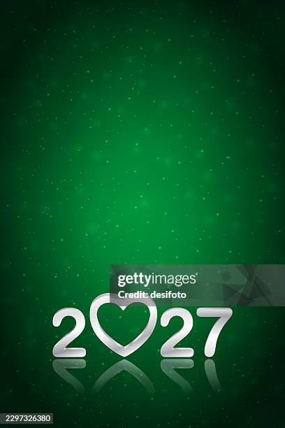 silver white colored 3d text 2027 over dark emerald green vertical love theme happy new year, valentines day christmas festive glowing glittering snowing vector backgrounds for greeting cards, magical ethereal backdrops, posters and banners - emerald background stock illustrations