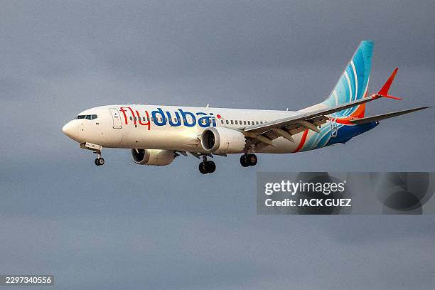 Flydubai Boeing 737 MAX 8 aircraft prepares for landing at Israel's Ben Gurion Airport in Lod on September 30, 2026. A passenger on a rerouted...