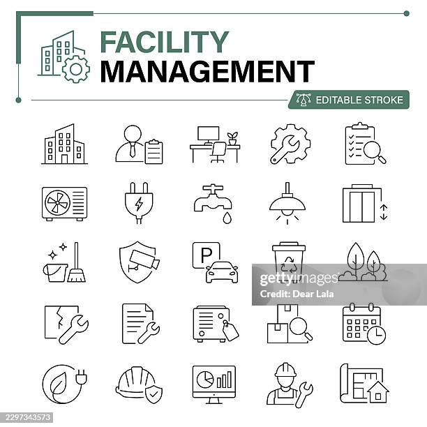 facility management editable stroke line icon set – building maintenance, hvac, security, energy and operations - security operations center stock illustrations